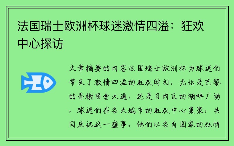 法国瑞士欧洲杯球迷激情四溢：狂欢中心探访