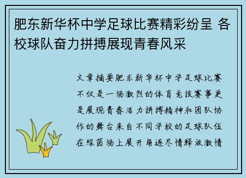 肥东新华杯中学足球比赛精彩纷呈 各校球队奋力拼搏展现青春风采